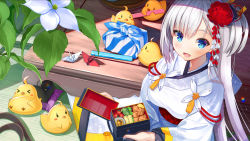 Rule 34 | &gt; &lt;, 1girl, :d, animal, atori, azur lane, bento, bird, blue eyes, blush, breasts, cherry tomato, chick, closed eyes, commentary request, fingernails, flower, food, hair between eyes, hair flower, hair ornament, highres, holding, japanese clothes, kimono, long hair, long sleeves, looking at viewer, medium breasts, mole, mole under eye, obi, open mouth, origami, paper crane, red flower, sash, shoukaku (azur lane), silver hair, smile, solo, tomato, very long hair, white flower, white kimono, wrapped bento