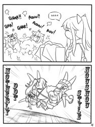 Rule 34 | ..., 2koma, 3girls, ahoge, anger vein, barefoot, bow, chibi, closed eyes, comic, commentary, dust cloud, emphasis lines, english commentary, english text, fighting, greyscale, guin guin, hair bow, hair flaps, hair ribbon, high ponytail, houshou (kancolle), japanese clothes, kantai collection, kimono, long hair, monochrome, motion blur, multiple girls, open mouth, pleated skirt, ponytail, profile, ribbon, shigure (kancolle), shirt, short sleeves, skirt, smile, spoken ellipsis, v-shaped eyebrows, yuudachi (kancolle)