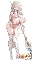 Rule 34 | 1girl, ass, bare shoulders, blue eyes, blush, breasts, cleavage, criss-cross halter, elf, gloves, hair between eyes, halterneck, high heels, highres, holding, holding weapon, huge breasts, long hair, looking at viewer, official art, original, pelvic curtain, pointy ears, solo, thigh gap, thighhighs, thighs, very long hair, weapon, xiaoluo xl