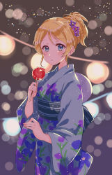 Rule 34 | 1girl, ayase eli, bad id, bad pixiv id, blonde hair, blue eyes, blue kimono, blurry, blush, bokeh, candy apple, depth of field, floral print, flower, food, hair flower, hair ornament, hand fan, highres, holding, holding food, japanese clothes, kaisou (0731waka), kimono, looking at viewer, love live!, love live! school idol festival, love live! school idol project, obi, paper fan, parted lips, ponytail, purple flower, sash, sidelocks, solo, uchiwa