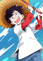 Rule 34 | 1boy, :d, black eyes, black hair, blue pants, blue sky, cloud, commentary, day, denim, fishing rod, hat, holding, holding fishing rod, ixy, jeans, male focus, mihira sanpei, open mouth, pants, red sleeves, shirt, sky, smile, straw hat, teeth, tsurikichi sanpei, upper teeth only, white shirt
