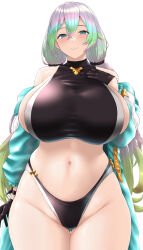 Rule 34 | 1girl, absurdres, aqua jacket, bare shoulders, bikini, black bikini, black gloves, blush, breasts, collarbone, crop top, cupitan (granblue fantasy), cupitan (summer) (granblue fantasy), gloves, gradient hair, granblue fantasy, green eyes, green hair, grey hair, highleg, highleg bikini, highres, huge breasts, jacket, kemigawa mondo, long hair, long sleeves, looking at viewer, low twintails, multicolored hair, navel, off shoulder, official alternate costume, open clothes, open jacket, sideboob, smile, solo, stomach, swimsuit, thick thighs, thighs, twintails, very long hair