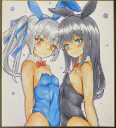 Rule 34 | 2girls, absurdres, animal ears, asashio (kancolle), bare shoulders, black hair, black hairband, black leotard, blue eyes, blue hairband, blue leotard, blue ribbon, blush, bow, bowtie, breasts, closed mouth, collar, commentary request, dakkusu, detached collar, fake animal ears, grey hair, hair ribbon, hairband, highres, kantai collection, kasumi (kancolle), leotard, long hair, marker (medium), multiple girls, photo (medium), playboy bunny, rabbit ears, rabbit tail, red bow, red bowtie, red eyes, ribbon, side ponytail, small breasts, smile, strapless, strapless leotard, tail, traditional media, very long hair, white collar, wing collar