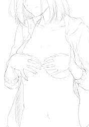 Rule 34 | 1girl, breasts, cleavage, covering privates, covering breasts, female focus, greyscale, hand on own chest, head out of frame, highres, hood, hood down, hoodie, large breasts, monochrome, navel, niwatazumi, no bra, no shirt, open clothes, open hoodie, original, short hair, sketch, smile, solo, upper body, white background