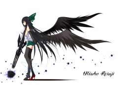 Rule 34 | 1girl, alternate costume, alternate weapon, arm cannon, asymmetrical footwear, bare shoulders, black gloves, black hair, black thighhighs, black wings, breasts, character name, elbow gloves, female focus, gloves, gmot, high heels, highres, large breasts, large wings, long hair, mismatched footwear, radiation symbol, red eyes, reiuji utsuho, shoes, solo, symbol-shaped pupils, thighhighs, touhou, very long hair, weapon, wings