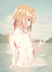 Rule 34 | 10s, absurdres, bandaid, bandaid on face, blonde hair, breasts, day, derivative work, highres, muyue, nipples, nude, partially submerged, ponytail, small breasts, solo, stomach, tagme, violet evergarden, violet evergarden (series), watch