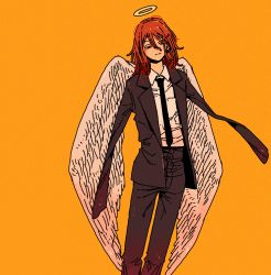 Rule 34 | 1boy, amputee, angel devil (chainsaw man), angel wings, armless amputee, black jacket, black necktie, black pants, chainsaw man, collared shirt, double amputee, hair between eyes, halo, highres, jacket, kou (tamagosan1001), long hair, looking to the side, necktie, no arms, orange hair, pants, red eyes, shirt, simple background, solo, white shirt, white wings, wings, yellow background