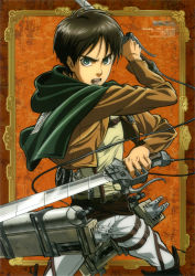 Rule 34 | 1boy, absurdres, black hair, blue eyes, boots, cape, eren yeager, highres, jacket, male focus, open clothes, open jacket, open mouth, shingeki no kyojin, short hair, solo, tomita megumi