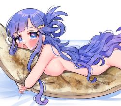 Rule 34 | 1girl, adachi (nogami nono), asari nanami, blue eyes, blue hair, blush, breast press, breasts, completely nude, dakimakura (object), fish (food), grilled fish, hair rings, idolmaster, idolmaster cinderella girls, large breasts, long hair, looking at viewer, lying, nude, hugging object, on stomach, pillow, pillow hug, solo, very long hair