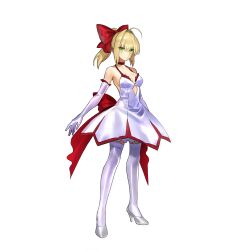 1girl absurdres ahoge back_bow blonde_hair bow closed_mouth cutout_above_navel dress elbow_gloves expressionless fate/extella fate/extra fate_(series) full_body gloves green_eyes hair_bow hair_intakes high_heels high_ponytail highres looking_at_viewer nero_claudius_(fate) nero_claudius_(fate)_(all) nero_claudius_(fate/extra) nero_claudius_(pure_night_dress)_(fate) official_alternate_costume official_art ponytail red_bow short_hair simple_background solo standing tachi-e thighhighs transparent_background wada_arco white_dress white_footwear white_gloves white_thighhighs