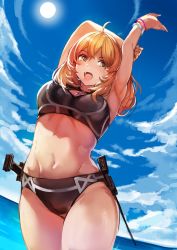 Rule 34 | 1girl, :d, arms up, bikini, black bikini, blonde hair, breasts, cleavage cutout, clothing cutout, cloud, cloudy sky, cowboy shot, day, dutch angle, fiora (xenoblade), from below, highres, horizon, knife, long hair, medium breasts, navel, nintendo, ocean, open mouth, outdoors, sky, smile, solo, soma (somaing1005), sun, swimsuit, weapon, xenoblade chronicles (series), xenoblade chronicles 1, xenoblade chronicles (series)