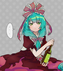 Rule 34 | ..., 1girl, bottle, bow, brown dress, dress, frilled bow, frilled ribbon, frilled sleeves, frills, front ponytail, green eyes, green hair, grey background, hair bow, hair ribbon, holding, holding bottle, kagiyama hina, long hair, looking at viewer, parmesan (168n), red bow, red ribbon, ribbon, short sleeves, simple background, solo, spoken ellipsis, touhou