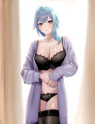 Rule 34 | 1girl, absurdres, black bra, black nails, black panties, black thighhighs, blue hair, bra, breasts, brown eyes, cleavage, commentary request, cowboy shot, eula (genshin impact), genshin impact, grey jacket, groin, highres, jacket, looking at viewer, me ao (many blue leaves), medium hair, nail polish, open clothes, open jacket, own hands together, panties, parted lips, solo, standing, stomach, thighhighs, underwear