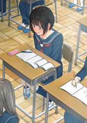 Rule 34 | 1girl, black hair, blue footwear, blue sailor collar, blue shirt, blue skirt, blue socks, blunt bangs, blush, book, brown eyes, chair, classroom, collarbone, commission, constricted pupils, day, ear blush, embarrassed, female focus, flat chest, have to pee, highres, indoors, knees together feet apart, long sleeves, miniskirt, neckerchief, nose blush, on chair, open book, original, paper, pen, pencil case, people, pleated skirt, red neckerchief, sailor collar, school chair, school uniform, serafuku, shirt, shoes, short hair, sidelocks, sitting, skeb commission, skirt, socks, solo focus, sweat, tears, textless version, trembling, unncow, wide-eyed, wooden floor