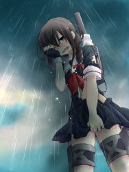 Rule 34 | 10s, 1girl, black hair, blue eyes, braid, cannon, cloud, cloudy sky, crying, crying with eyes open, from below, gloves, hair ornament, hair over shoulder, kantai collection, long hair, looking down, nagasioo, ocean, one eye closed, open mouth, personification, pleated skirt, rain, ribbon, school uniform, serafuku, shigure (kancolle), single braid, skirt, sky, solo, tears, torpedo, turret, wavy mouth