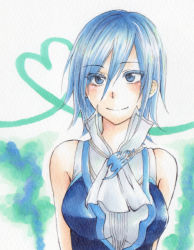 Rule 34 | 1girl, bad id, bad pixiv id, bare shoulders, blue eyes, blue hair, blush, chino-t, collar, ascot, fairy tail, heart, heart of string, juvia lockser, matching hair/eyes, sleeveless, smile, solo, traditional media, vest