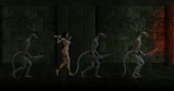 Rule 34 | 1girl, age of barbarian, bad end, barbarian, barefoot, bdsm, black hair, bondage, bound, breasts, dungeon, enslaved, extended cut, game, highres, lizard, lizard man, lizardman, lizardmen, long hair, monster, over, restrained, shenya, topless