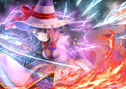 Rule 34 | 10s, 1girl, bang dream!, black gloves, black hair, bow, electricity, feathers, fire, flower, foreshortening, gloves, hat, hat bow, ice shard, long hair, looking at viewer, purple eyes, purple hat, red bow, shirokane rinko, shun no shun, solo, witch hat