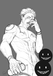 Rule 34 | 1boy, abs, arm tattoo, breto91932828, censored, chest tattoo, extra eyes, facial tattoo, highres, implied yaoi, jewelry, jujutsu kaisen, lotion bottle, lube, male focus, male pubic hair, monochrome, nail polish, nipples, pectorals, pubic hair, ring, ryoumen sukuna (jujutsu kaisen), saliva, short hair, shoulder tattoo, tattoo, tongue, tongue out, tongue tattoo, undercut, veins