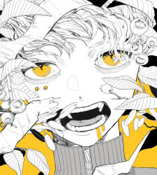 Rule 34 | 1boy, berry, close-up, commentary request, highres, kamomiland, leaf, looking at viewer, male focus, monochrome, open mouth, original, portrait, short hair, simple background, solo, spot color, teeth, tongue, turtleneck, yellow background, yellow eyes, zipper pull tab