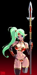 Rule 34 | 1girl, armor, bikini, bikini armor, black background, black thighhighs, blue eyes, breasts, cleavage, elbow gloves, gloves, gradient background, green hair, high ponytail, highres, holding, holding polearm, holding weapon, large breasts, long hair, mabius, navel, original, pixel art, pointy ears, polearm, red background, red bikini, simple background, smile, solo, spear, swimsuit, thighhighs, weapon, yari