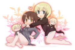 Rule 34 | 4girls, :d, barefoot, blonde hair, blue eyes, brown eyes, brown hair, chibi, erica hartmann, gertrud barkhorn, hanna-justina marseille, heart, long hair, multicolored hair, multiple girls, open mouth, panties, short hair, smile, strike witches, strike witches: suomus misfits squadron, two-tone hair, underwear, ursula hartmann, witches of africa, world witches series, yukko