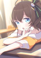 Rule 34 | 1girl, absurdres, ahoge, bare shoulders, between fingers, blue eyes, blurry, blurry background, blush, brown hair, cat hair ornament, chair, commentary request, depth of field, desk, hair between eyes, hair ornament, highres, holding, hololive, indoors, jacket, looking at viewer, natsuiro matsuri, natsuiro matsuri (1st costume), off-shoulder jacket, off shoulder, okota mikan, on desk, open mouth, puffy short sleeves, puffy sleeves, school desk, short sleeves, side ponytail, solo, virtual youtuber, yellow jacket