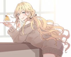 Rule 34 | 1girl, alternate costume, alternate hairstyle, blonde hair, blue eyes, brown sweater, closed mouth, cowboy shot, food, highres, kantai collection, kasumi (skchkko), long hair, long sleeves, looking at viewer, mole, mole under eye, mole under mouth, mont blanc (food), richelieu (kancolle), smile, solo, sweater, tongue, tongue out, very long hair