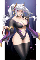 Rule 34 | 1girl, athletic leotard, blush, bodysuit, breasts, bridal gauntlets, burnt green tea, cleavage, collar, corruption, dark persona, evil smile, fire emblem, fire emblem awakening, fire emblem heroes, grima (fire emblem), hand on own chest, highres, holding, holding leash, intelligent systems, large breasts, leash, leotard, lips, long hair, long sleeves, looking at viewer, magic, nintendo, official alternate costume, open mouth, possessed, possession, purple nails, red eyes, robin (female) (fell tactician) (fire emblem), robin (female) (fire emblem), robin (fire emblem), simple background, skin tight, smile, solo, spiked collar, spikes, thighhighs, thighs, twintails, white hair