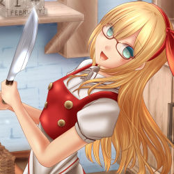 Rule 34 | apron, bow, breasts, buttons, clip studio paint (medium), collared shirt, commentary request, ellen (touhou), glasses, green eyes, hair bow, happy, highres, knife, long hair, looking at viewer, open mouth, puffy short sleeves, puffy sleeves, red-framed eyewear, red bow, red vest, shirt, short sleeves, shounen (hogehoge), small breasts, touhou, touhou (pc-98), vest, white apron
