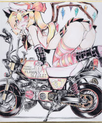 Rule 34 | 1girl, ass, bare shoulders, bent over, blonde hair, blush, colored pencil (medium), colorized, contemporary, embodiment of scarlet devil, female focus, flandre scarlet, hat, heart, maebari, motor vehicle, motorcycle, no panties, okiraku nikku, red eyes, revealing clothes, shikishi, side ponytail, sketch, skirt, smile, solo, striped clothes, striped thighhighs, thighhighs, touhou, traditional media, underwear, vehicle, wings