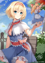 Rule 34 | 1girl, alice margatroid, blonde hair, blue dress, blue eyes, blush, capelet, closed mouth, day, dress, hair between eyes, hairband, highres, niko kusa, outdoors, red hairband, shanghai doll, short hair, smile, solo, touhou, white capelet