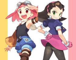 Rule 34 | 2girls, aero (mega man), armpits, ass, bare shoulders, blue shorts, blush, breasts, brown hair, cowboy shot, cropped jacket, detached sleeves, earrings, gloves, goggles, goggles on head, green eyes, hair pulled back, hair slicked back, hairband, hand on own hip, jewelry, kin niku, looking at viewer, looking back, mega man (series), mega man legends (series), multiple girls, open mouth, pantyhose, pink gloves, pink hair, pink hairband, puffy short sleeves, puffy shorts, puffy sleeves, red eyes, scarf, short hair, short shorts, short sleeves, shorts, small breasts, smile, teeth, thighhighs, tron bonne (mega man)
