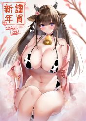 Rule 34 | 1girl, animal ears, animal print, azur lane, bell, bikini, blush, breasts, brown hair, choker, cleavage, collarbone, cow ears, cow girl, cow horns, cow print, cowbell, flower, hair flower, hair ornament, hair ribbon, highres, horns, huge breasts, japanese clothes, kashino (azur lane), kimono, long hair, looking at viewer, navel, neck bell, neco meito, open clothes, open kimono, purple eyes, ribbon, sitting, solo, swimsuit