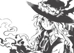Rule 34 | 1girl, closed mouth, collared shirt, commentary request, greyscale, hair between eyes, hat, jacket girl (dipp), kaigen 1025, long hair, long sleeves, monochrome, neck ribbon, ribbon, shirt, simple background, sketch, solo, touhou, upper body, vest, wavy hair, white background