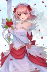 Rule 34 | 1girl, boots, bridal veil, bride, doiparuni, dress, fire emblem, fire emblem engage, fire emblem heroes, flower, gold trim, hairband, highres, holding, holding sword, holding weapon, lapis (fire emblem), lapis (mighty bride) (fire emblem), nintendo, official alternate costume, pink eyes, red flower, red rose, rose, sword, thigh boots, two-tone hairband, veil, weapon, wedding dress, white hairband