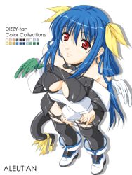 Rule 34 | 1girl, arc system works, asymmetrical wings, bad perspective, blue hair, boots, breasts, choker, cleavage, dizzy (guilty gear), guilty gear, large breasts, long hair, lowres, poorly drawn, racco, ribbon, smile, solo, tail, tail ornament, tail ribbon, thighhighs, wings