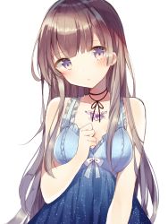 Rule 34 | 1girl, :o, black ribbon, blue dress, blush, brown hair, choker, dress, frills, hand on own chest, highres, jewelry, long hair, looking at viewer, neck ribbon, necklace, original, parted lips, purple eyes, ribbon, ribbon choker, shiino sera (gelatin), simple background, solo, spaghetti strap, upper body, white background
