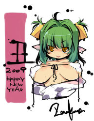 Rule 34 | 00s, 1girl, 2009, animal print, bad id, bad pixiv id, breasts, breasts apart, covered erect nipples, cow print, elbow gloves, gloves, green hair, hair intakes, large breasts, new year, pointy ears, solo, sweat, yellow eyes, zankuro