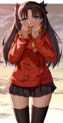 Rule 34 | 1girl, absurdres, black hair, black ribbon, black skirt, black thighhighs, blue eyes, blush, cloud, cold, fate/stay night, fate (series), hair ribbon, hands up, highres, jacket, long sleeves, looking at viewer, miniskirt, orange scarf, parted bangs, pleated skirt, red jacket, ribbon, scarf, simple background, skirt, sky, solo, thighhighs, tohsaka rin, toukan, twintails, zettai ryouiki
