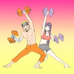 Rule 34 | bandaged arm, bandages, barefoot, blonde hair, breasts, cleavage, closed eyes, dumbbell, facial mark, fes891, forehead protector, hime cut, husband and wife, hyuuga hinata, naruto: the last, naruto (series), navel, open mouth, purple hair, shorts, smile, spiked hair, stomach, toned, toned male, topless male, uzumaki naruto, whisker markings, whiskers