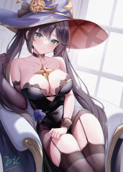 Rule 34 | 1girl, alternate breast size, armchair, bare shoulders, black choker, black hair, black thighhighs, breasts, brooch, chair, choker, closed mouth, collarbone, elbow gloves, eric (tianqijiang), flower, garter straps, genshin impact, gloves, gold trim, green eyes, hand up, hat, highres, indoors, jewelry, large breasts, long hair, looking at viewer, mona (genshin impact), raised eyebrows, rose, signature, single elbow glove, sitting, solo, thighhighs, twintails, very long hair, window, witch hat