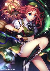 Rule 34 | 1girl, blue eyes, boots, bow, braid, chinese clothes, frills, hair bow, hair ornament, hat, hong meiling, long hair, looking at viewer, masaru.jp, puffy sleeves, red hair, shirt, short sleeves, skirt, skirt set, solo, sparkle, star (symbol), thighs, touhou, twin braids, twitter username, vest, wrist cuffs