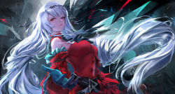 Rule 34 | 1girl, absurdres, aqua gloves, arknights, ascot, bare shoulders, black ascot, breasts, corrupted metadata, detached sleeves, dress, floating hair, gloves, hair ornament, highres, long hair, long sleeves, looking at viewer, medium breasts, official alternate costume, outstretched arm, red dress, red eyes, sishima, skadi (arknights), skadi the corrupting heart (arknights), solo, twintails, upper body, very long hair, white hair