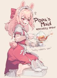 Rule 34 | 1girl, :d, absurdres, animal ears, ass, barefoot, blonde hair, blush, bow, braid, breasts, cup, english text, feet, grey background, hair bow, hair ornament, highres, holding, holding cup, k-rha&#039;s, maid headdress, open mouth, phase connect, pipkin pippa, puffy short sleeves, puffy sleeves, rabbit ears, rabbit girl, rabbit hair ornament, rabbit tail, red bow, red eyes, shoes, short sleeves, small breasts, smile, sock tea, socks, soles, solo, tail, tea, teacup, teapot, teeth, unworn shoes, unworn socks, upper teeth only, white footwear
