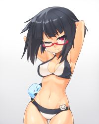 Rule 34 | 1girl, armpits, arms behind head, bad id, bad twitter id, bikini, black hair, breasts, cleavage, glasses, gradient background, mikan riji, navel, one eye closed, original, red-framed eyewear, red eyes, red theme, ridinetta, short hair, solo, swimsuit