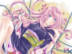 Rule 34 | 1girl, artist request, blue eyes, bug, butterfly, chain, female focus, flower, from above, bug, japanese clothes, kimono, knees up, lips, long hair, long sleeves, lying, megurine luka, on back, parted lips, petals, pink hair, sash, solo, vocaloid, wide sleeves