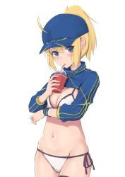 Rule 34 | 1girl, ahoge, artoria pendragon (fate), bad id, bad pixiv id, bendy straw, bikini, blonde hair, blue eyes, blue hat, blue jacket, blush, breasts, cleavage, closed mouth, commentary request, cup, disposable cup, drinking, drinking straw, fate/grand order, fate (series), flat cap, groin, hair between eyes, hair through headwear, hat, head tilt, high ponytail, highres, holding, holding cup, jacket, jilu, long sleeves, looking at viewer, medium breasts, mysterious heroine x (fate), mysterious heroine xx (fate), navel, ponytail, shrug (clothing), side-tie bikini bottom, simple background, solo, swimsuit, white background, white bikini