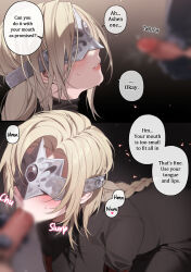 Rule 34 | 1boy, 1girl, absurdres, all fours, ashen one (dark souls 3), bechu, black background, black dress, blonde hair, blur censor, blush, braid, braided ponytail, breasts, censored, comic, commentary request, covered eyes, dark souls (series), dark souls iii, dress, english text, eye mask, fellatio, fire keeper, gradient background, hetero, highres, korean commentary, large breasts, oral, paid reward available, parted bangs, parted lips, sidelocks, sound effects, speech bubble, sweatdrop, upper body