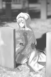 Rule 34 | 1girl, artist name, blurry, blurry background, boots, breasts, dress, female focus, full body, goblin slayer!, graveyard, greyscale, hair between eyes, highres, kannatsuki noboru, kneeling, long dress, long hair, long sleeves, monochrome, novel illustration, nun, official art, outdoors, priestess (goblin slayer!), side slit, sleeves past wrists, small breasts, solo, thigh boots, thighhighs, tombstone, very long hair, wide sleeves